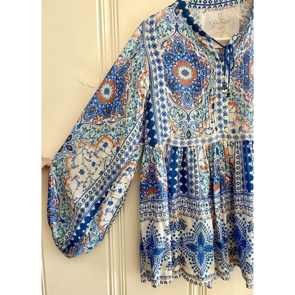 Kyla Seo Small S Blue Orange Floaty Boho Chic Artisan Rayon Bell Tassels Hippie - Picture 3 of 10